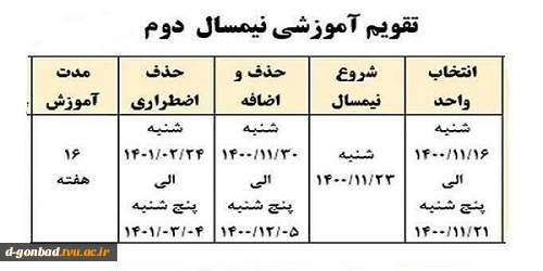 قابل توجه دانشجویان : تقویم آموزشی نیمسال دوم 2